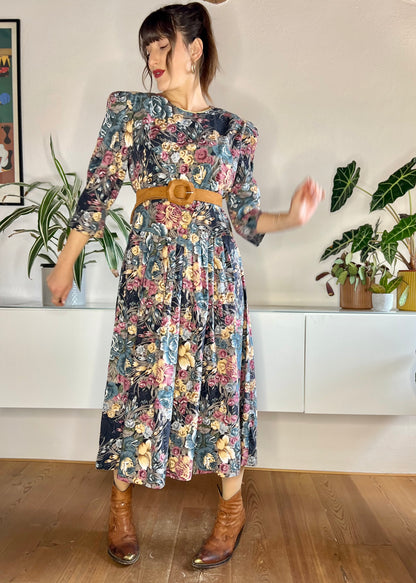 1970's vintage blue and rose coloured floral maxi dress