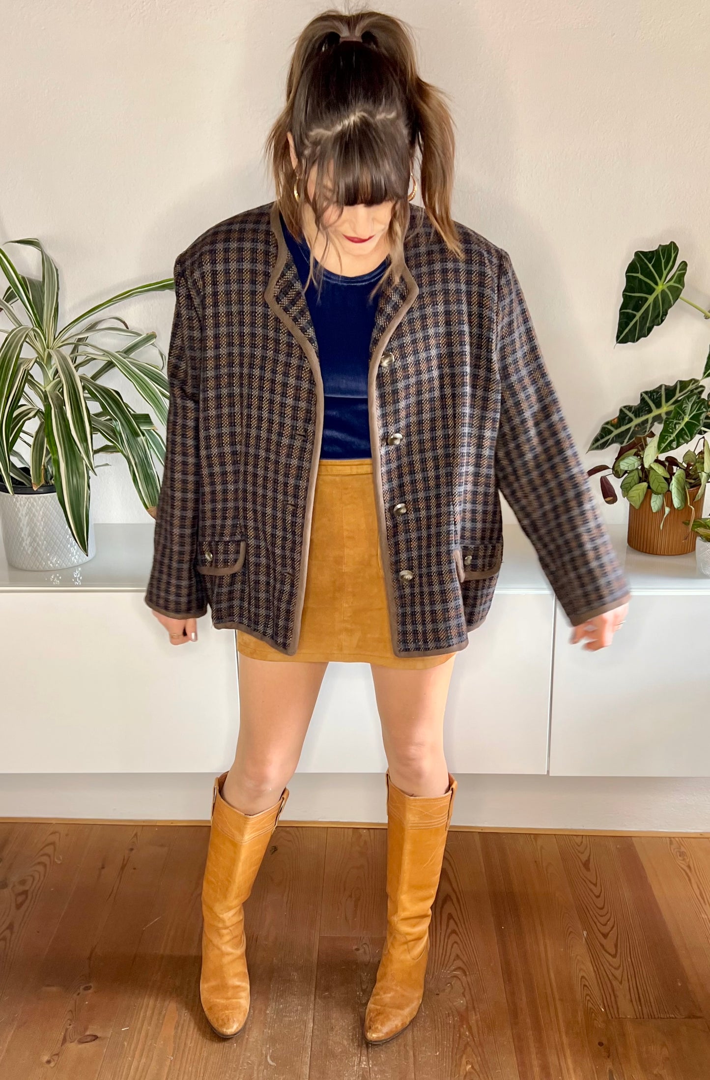 1970's vintage brown and blue oversize plaid wool blazer