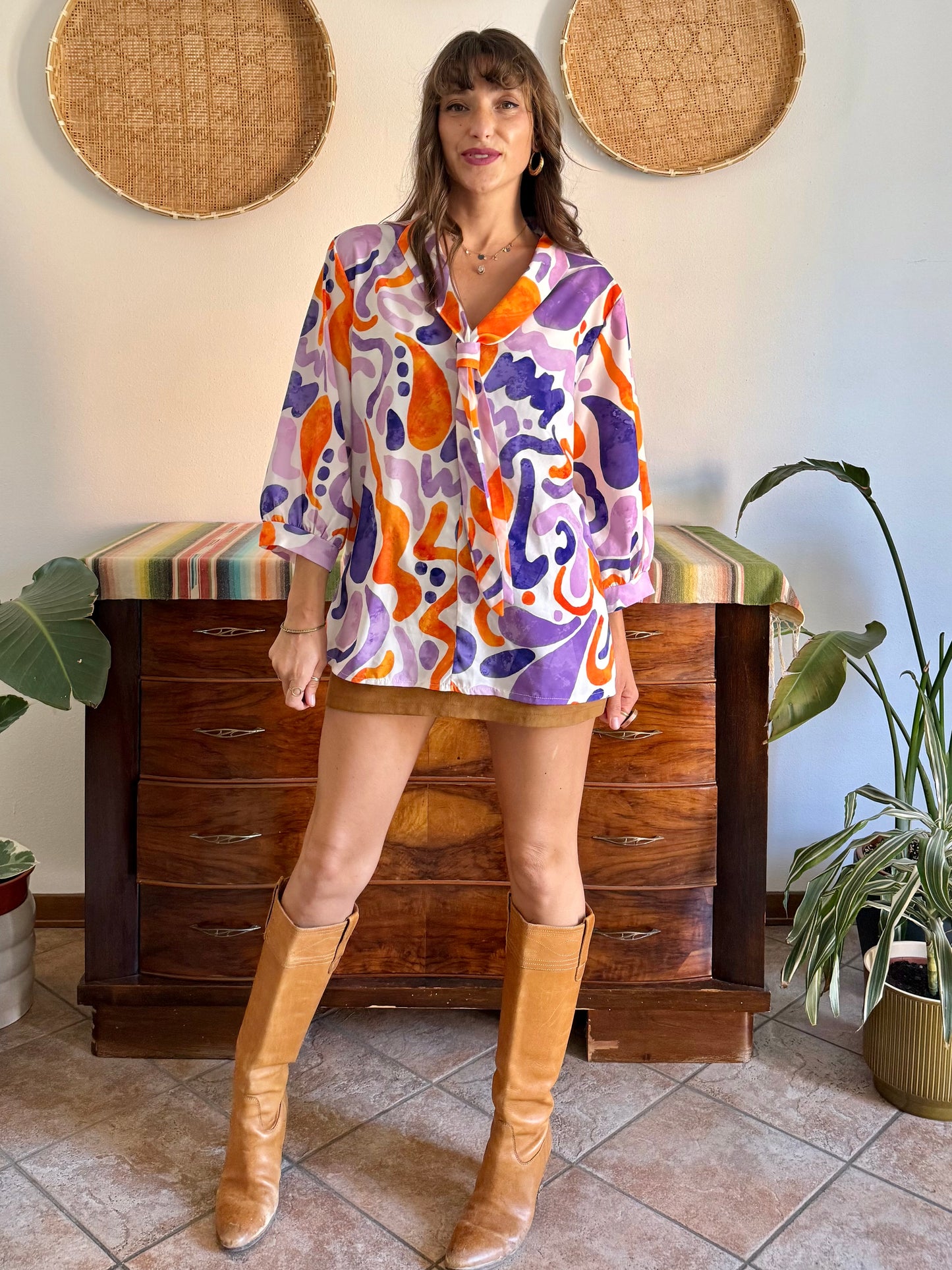 1970's vintage purple, orange and cream abstract print tie neck blouse