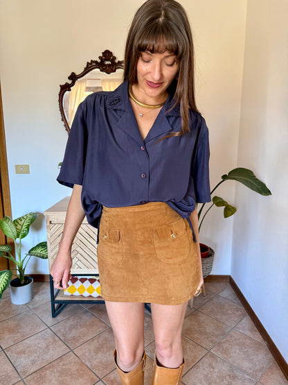 1970’s vintage navy blue blouse with floral embroidered collar