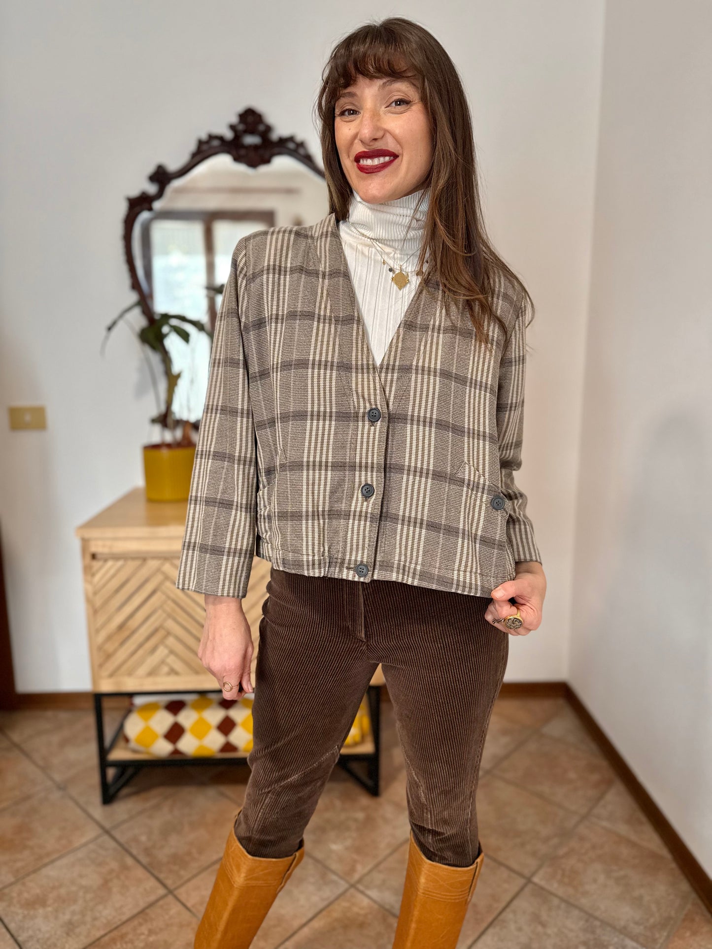 1970's vintage brown and cream plaid cropped blazer