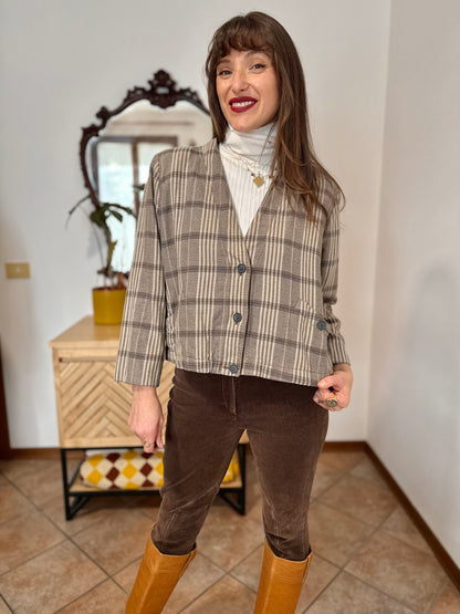 1970's vintage brown and cream plaid cropped blazer