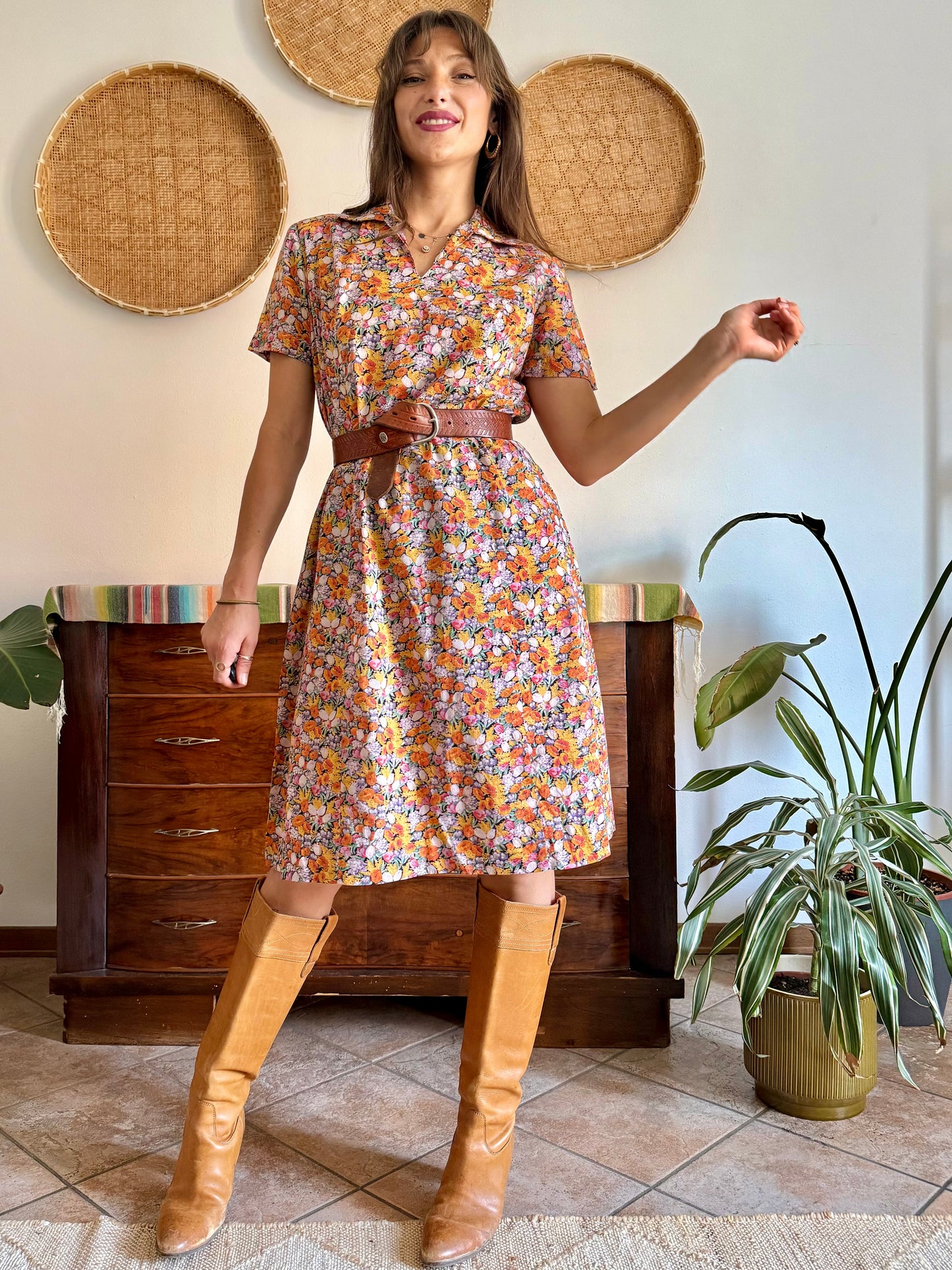 1960’s vintage multicolor pastel micro floral print midi dress