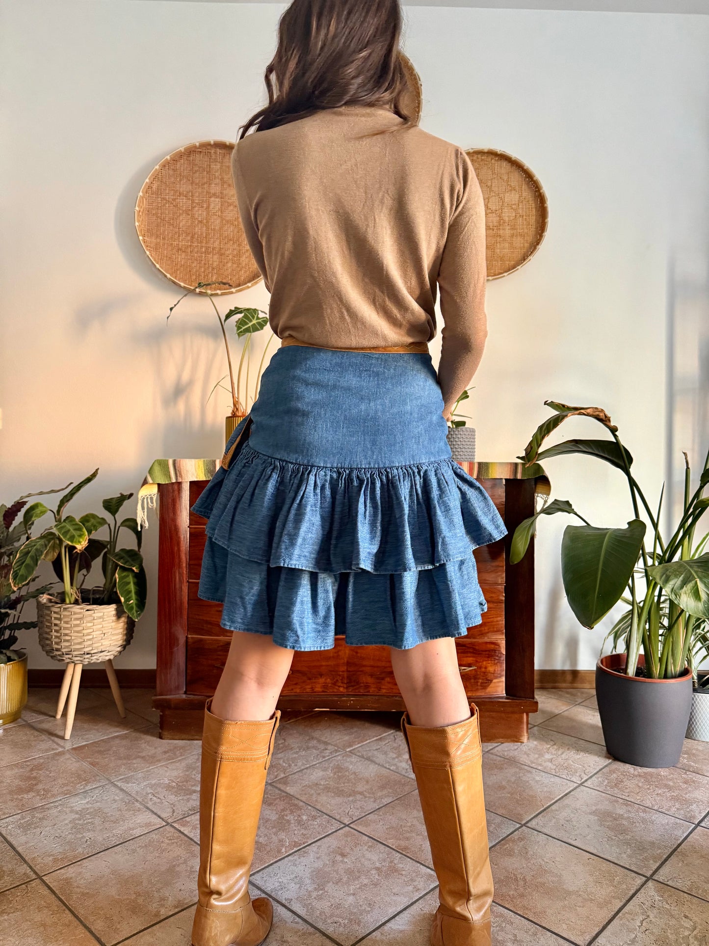 1990's vintage western ruffle denim mini skirt with tan details