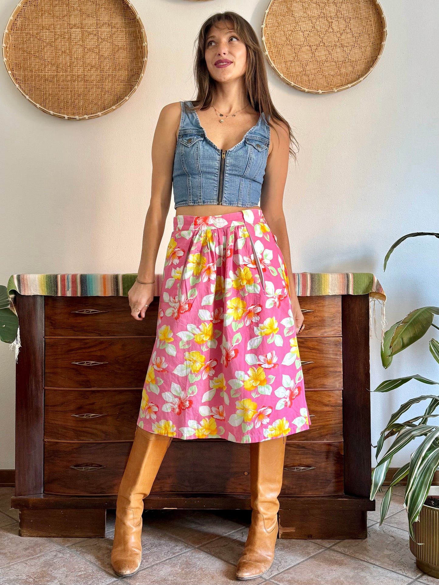 1970’s vintage pink and yellow button down midi skirt