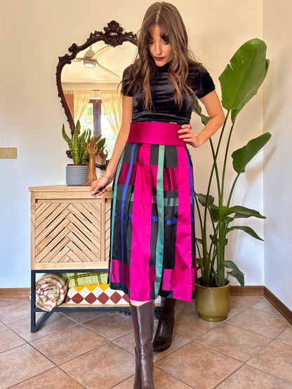 1970’s vintage black, fuchsia,green and blue plaid satin midi skirt
