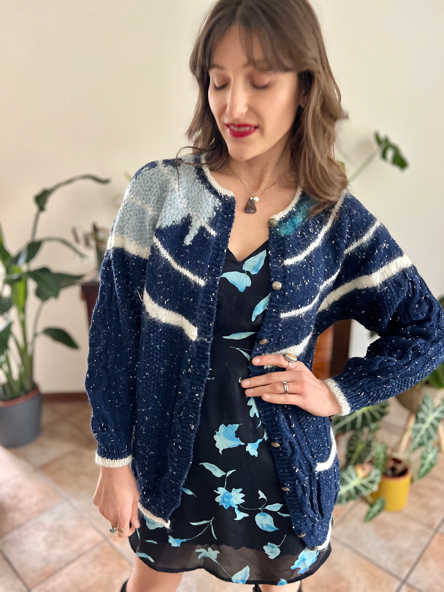 1970's vintage navy blue and cream speckled hand knit cardigan with turquoise asymmetric design