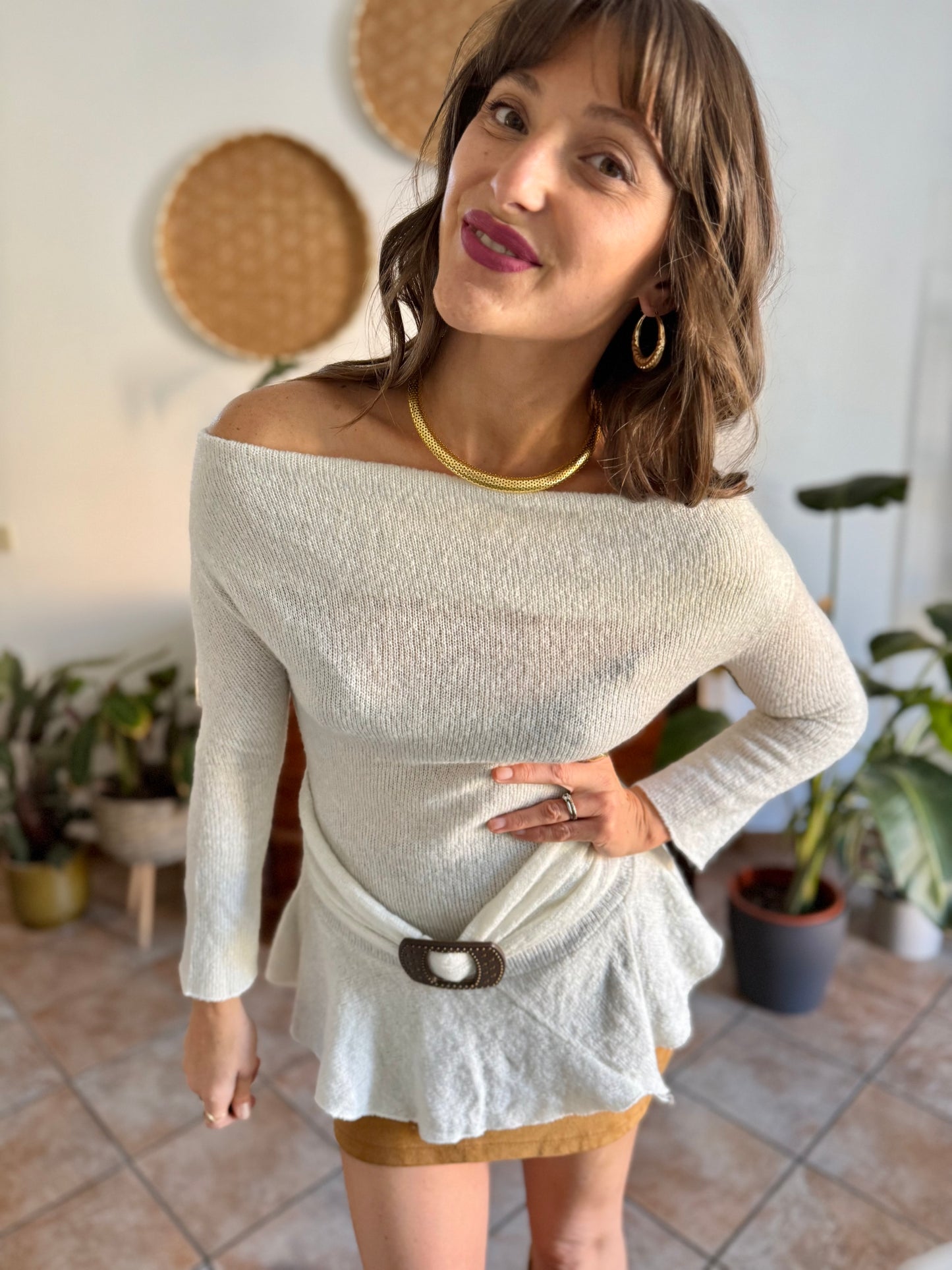 Y2K vintage asymmetrical cream mohair blend knit pullover with belt detail