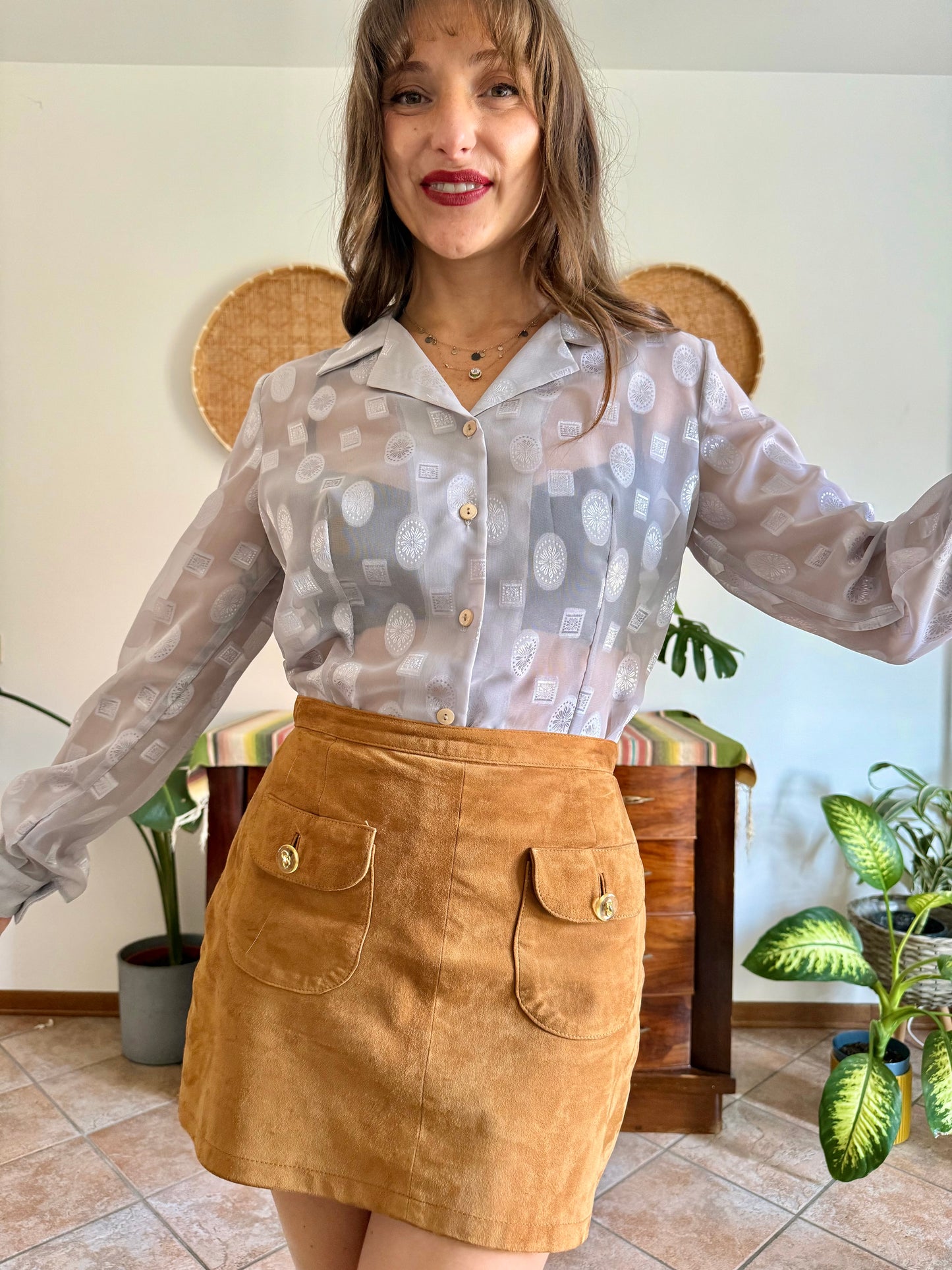 1970’s silver sheer textured weave floral blouse