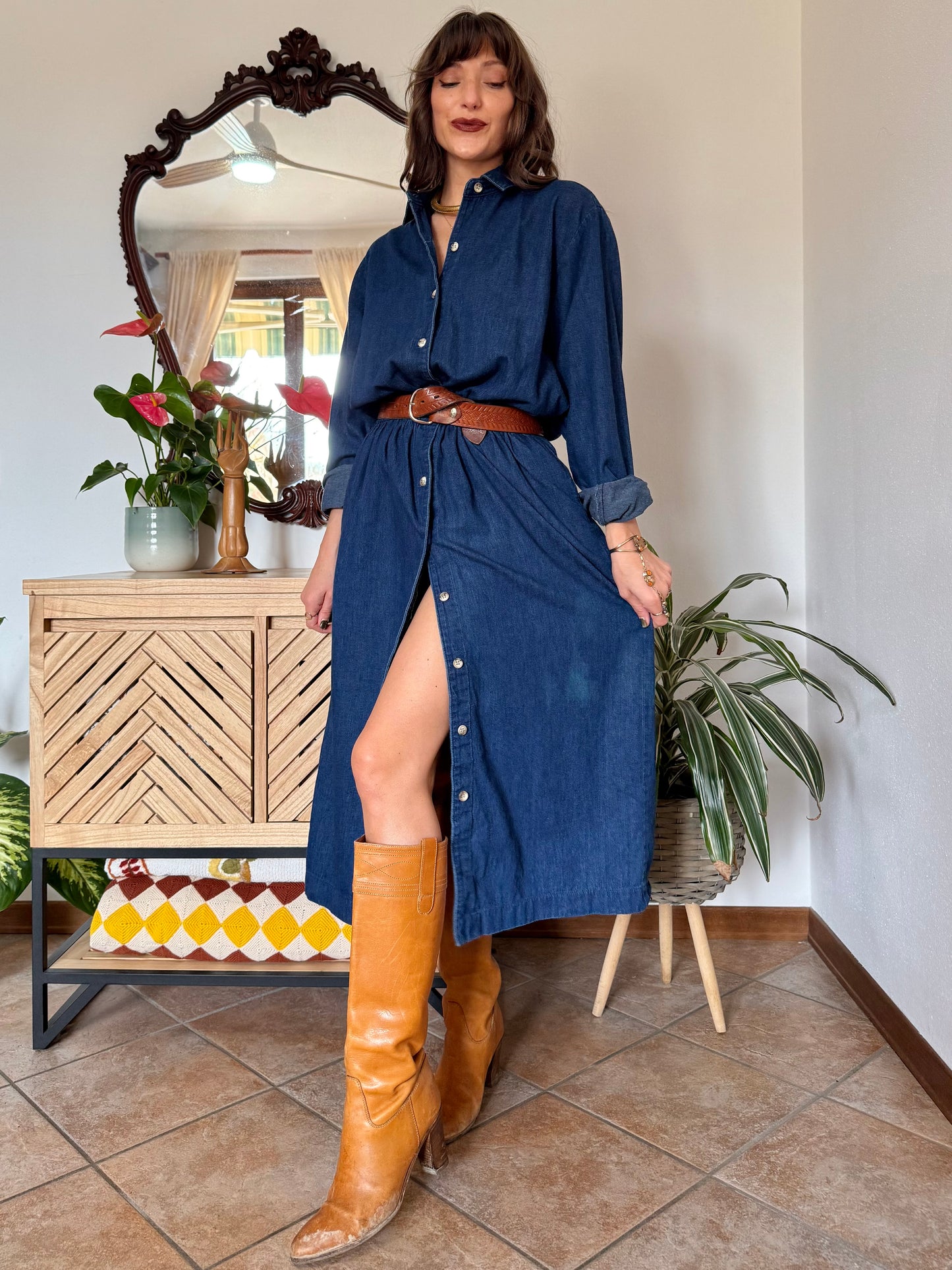 1970's vintage dark blue denim maxi dress