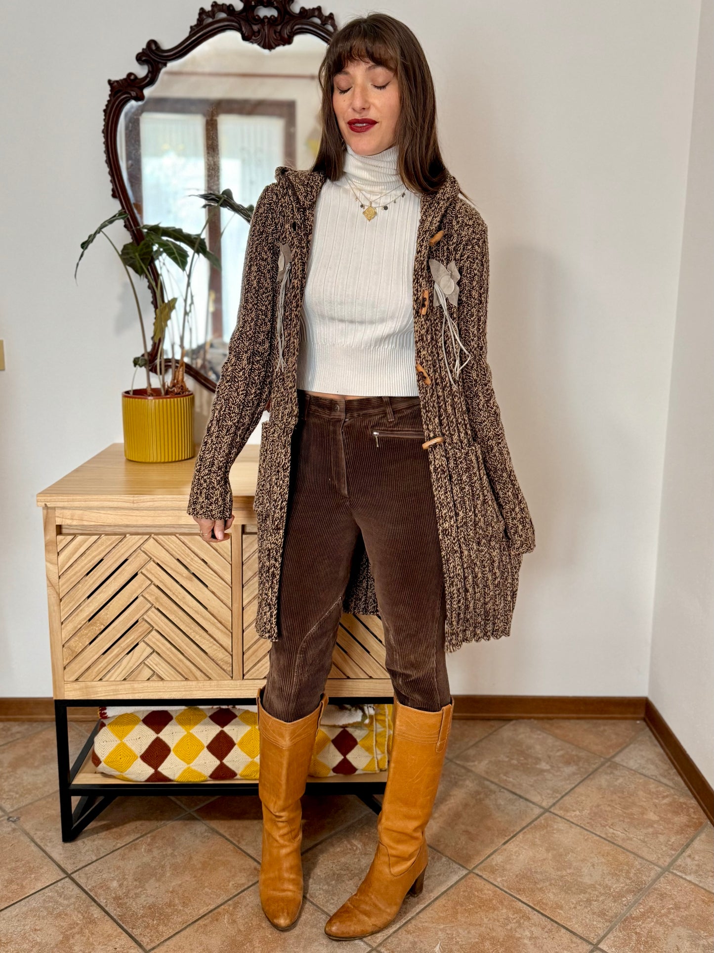 Y2K vintage chocolate brown and tan knit duster cardigan with suede flower details