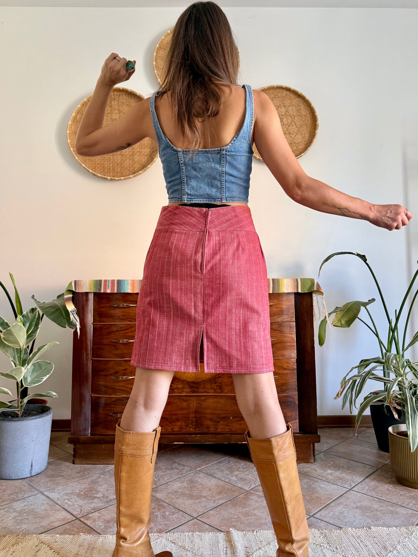 1990's vintage red and white pin stripe textured mini skirt