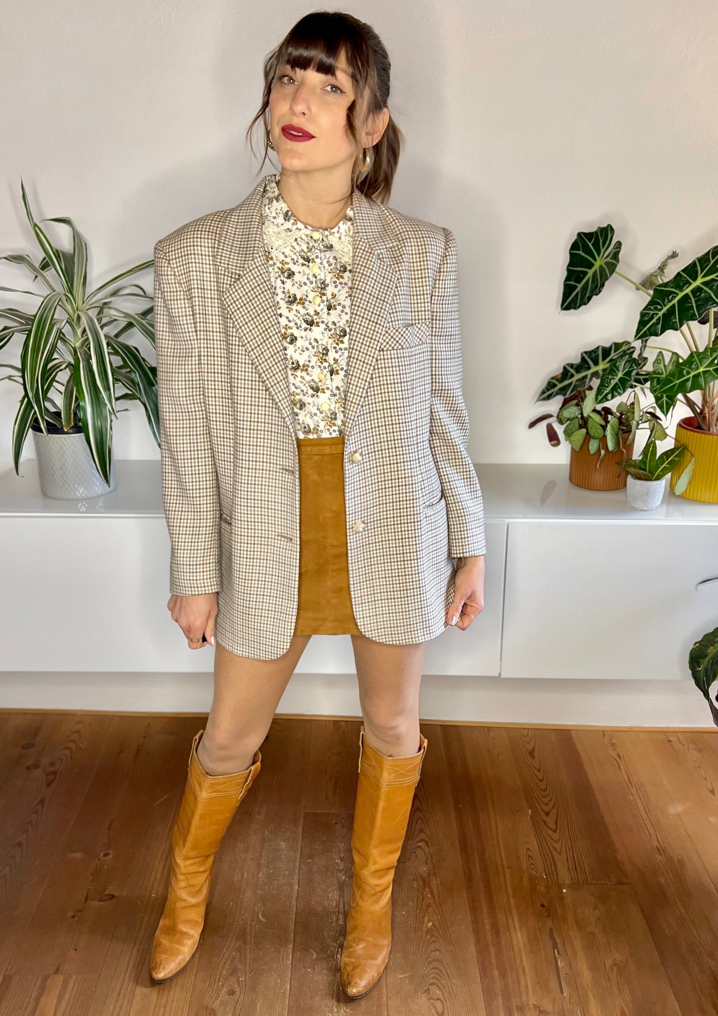 1970's vintage cream, blue and tan oversize plaid wool blazer