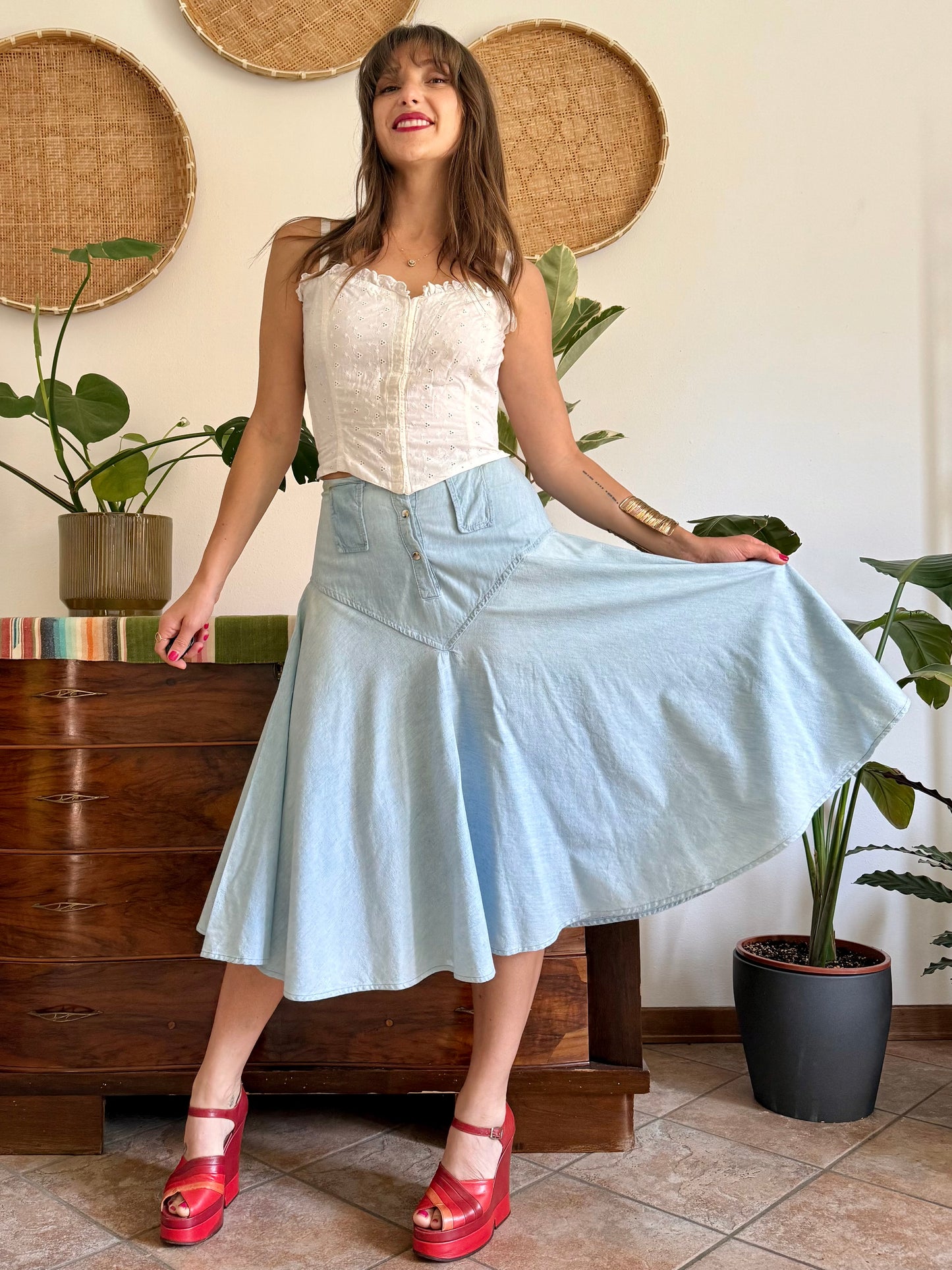 1970’s vintage light wash denim midi skirt