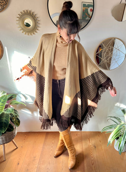 1970's vintage hand knit tan and chocolate brown geometric knit poncho with fringe detail