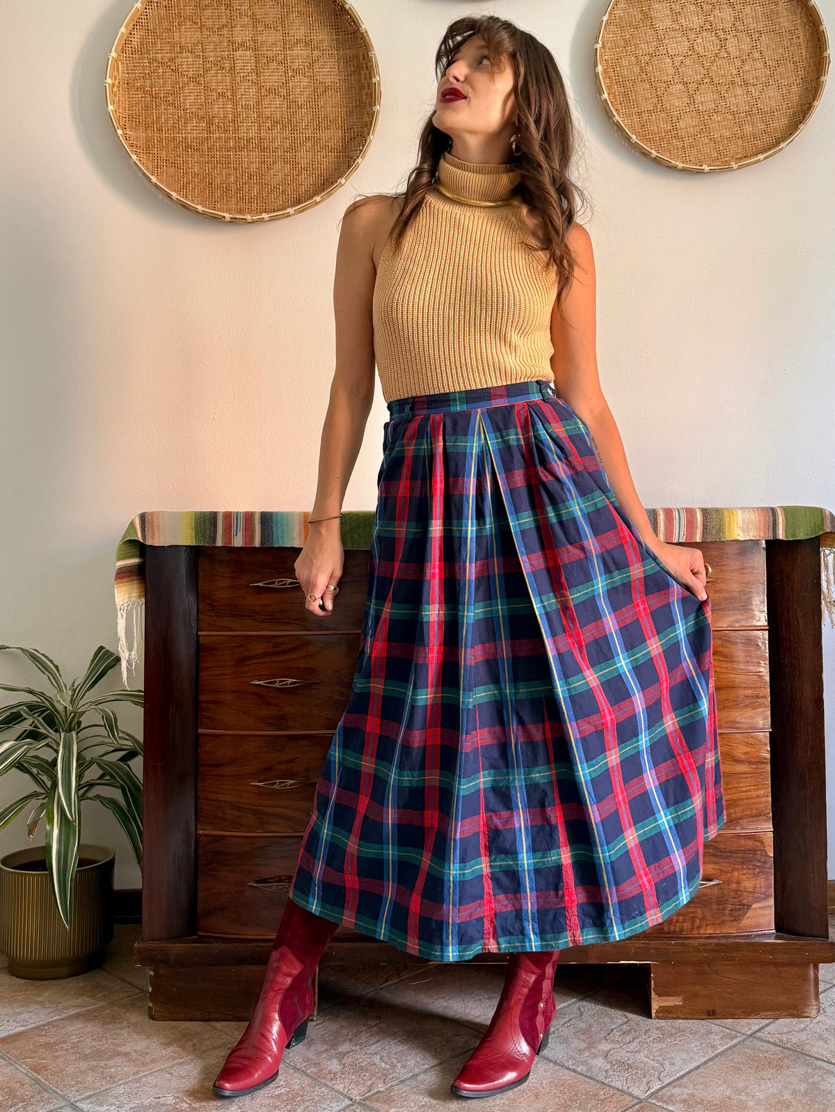 1990's vintage red, green and navy plaid maxi skirt