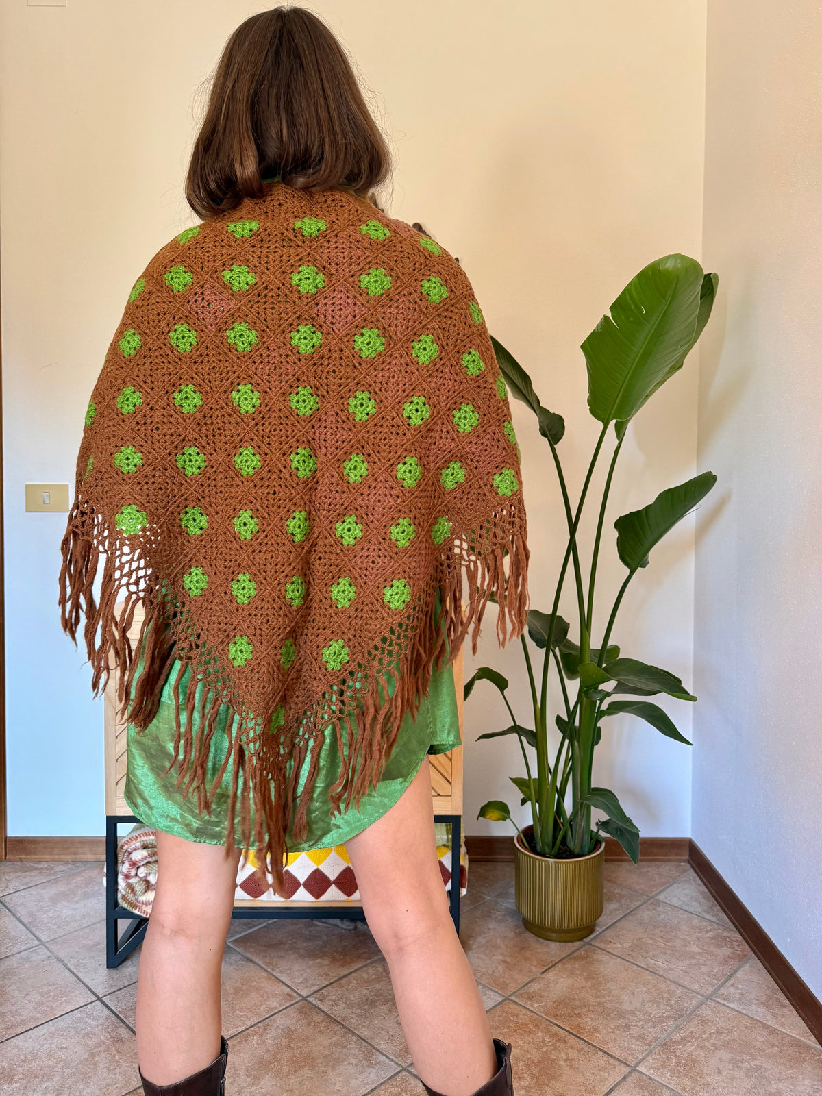 1970’s vintage chocolate brown and green knit shawl with fringe trim
