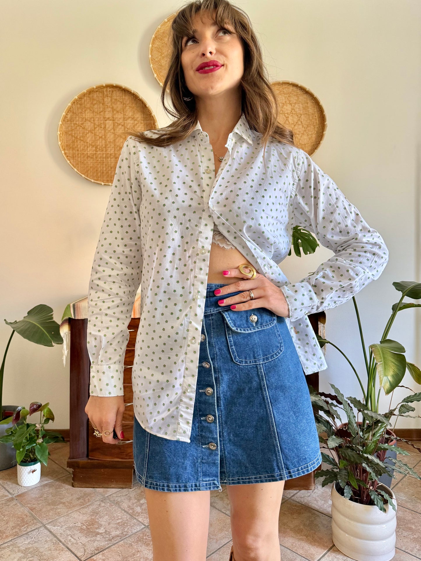 1990’s vintage white woven cotton shirt with green and beige floral design