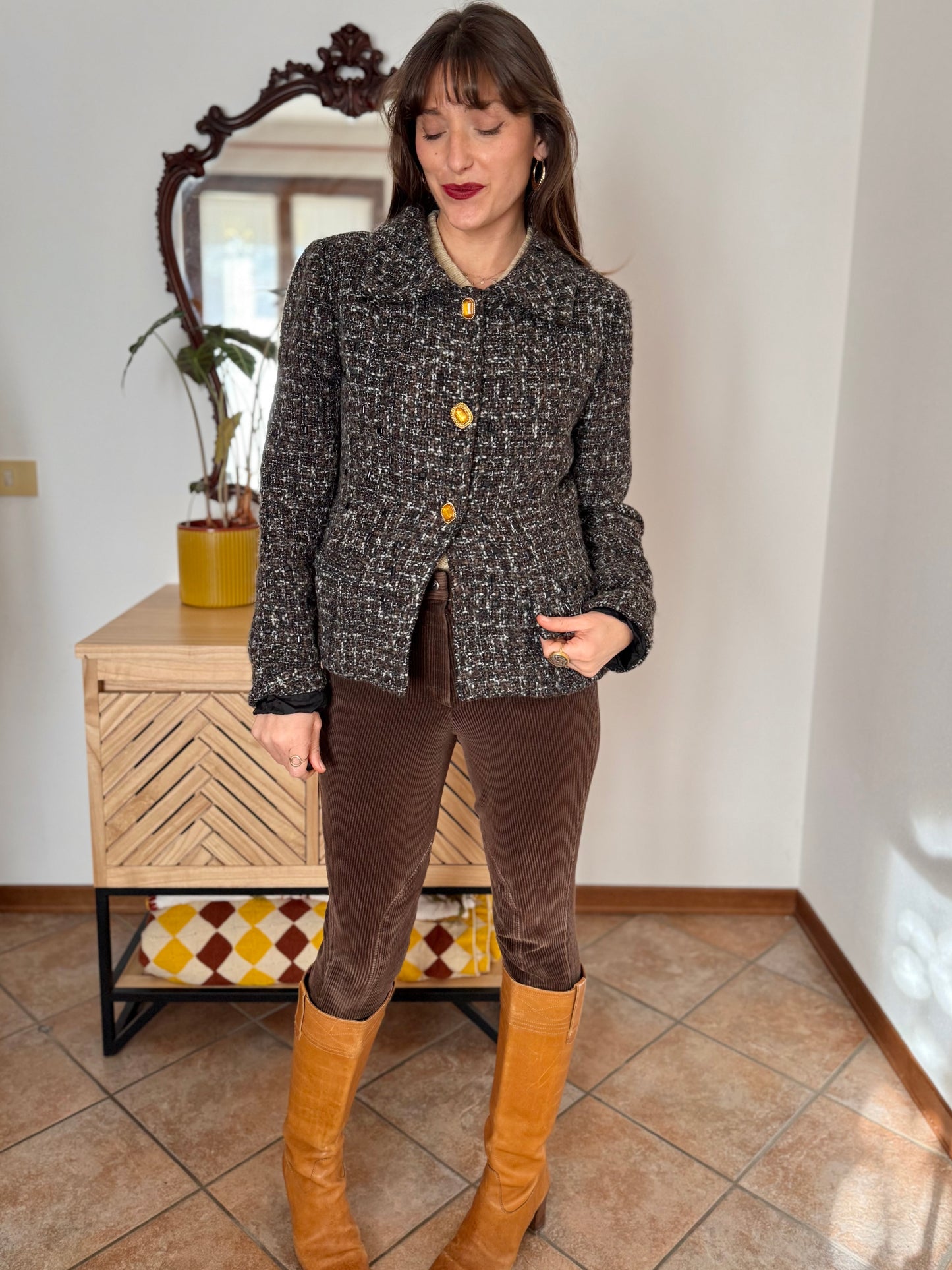 1990’s vintage black, khaki and cream boucle wool with gold and yellow glass buttons
