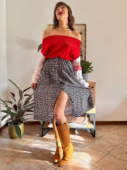 1970’s vintage navy blue and white silk blend midi skirt with hat print