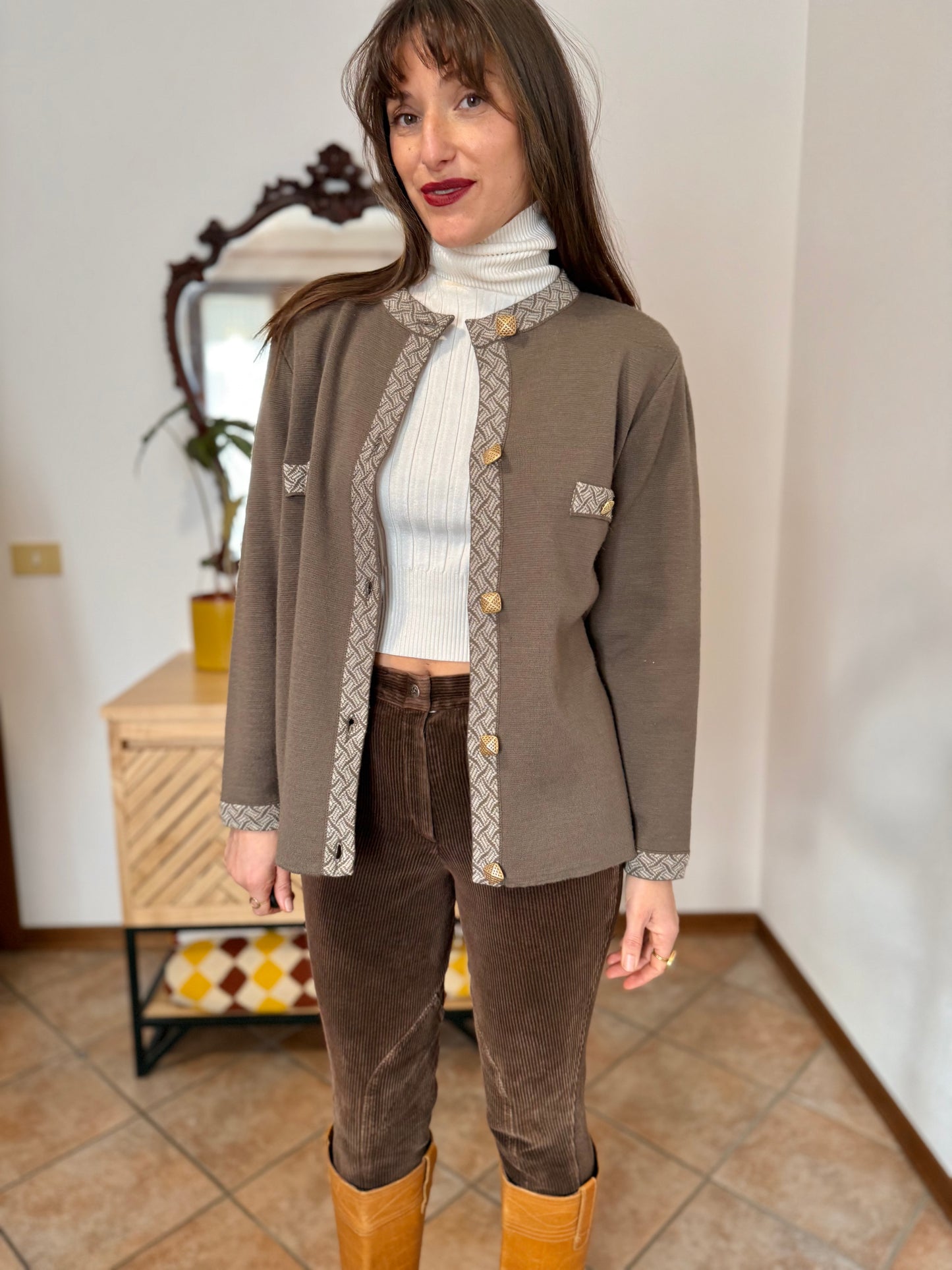 1980's vintage khaki wool cardigan with cream geometric knit pattern and square brass buttons