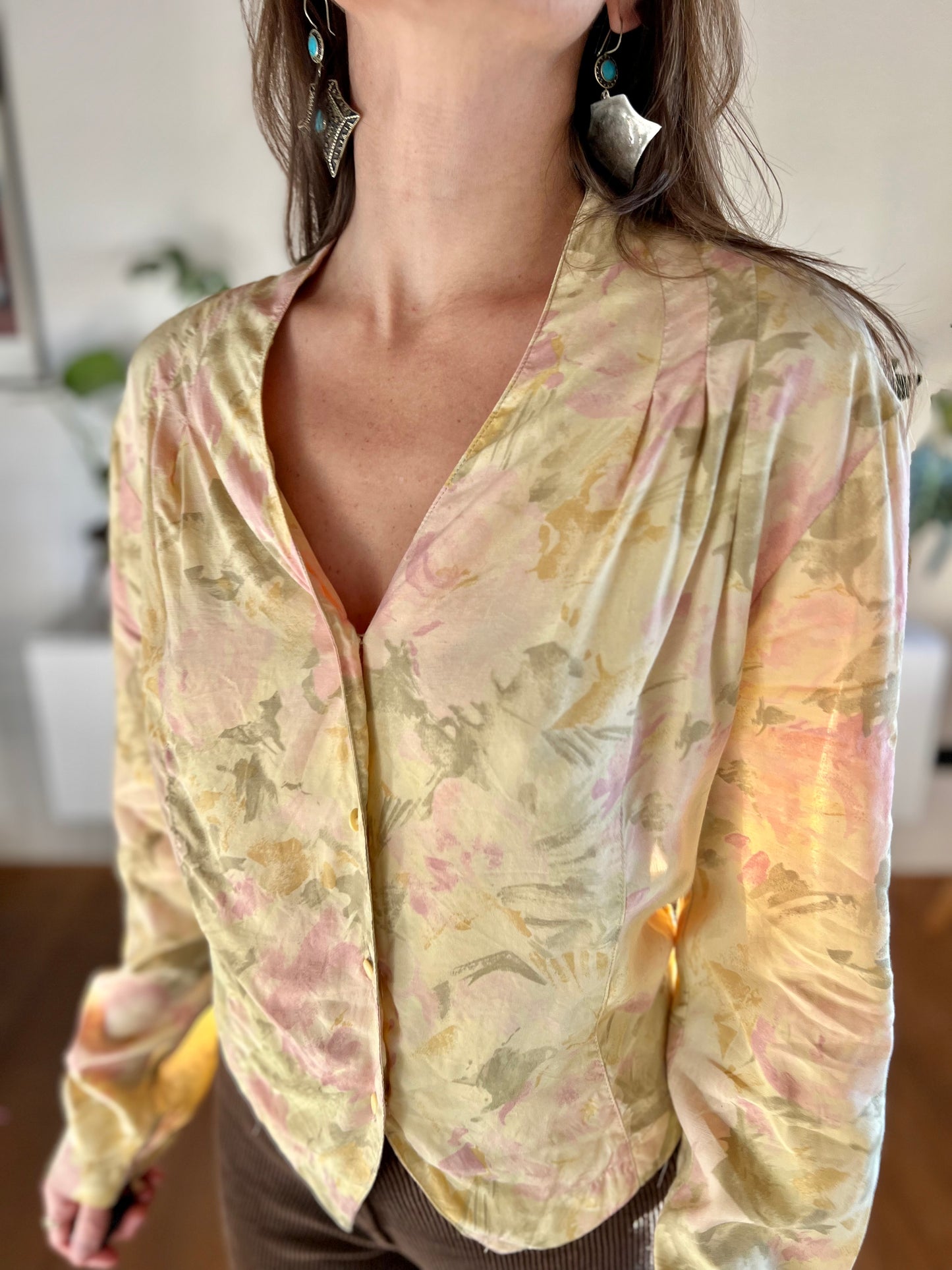 1970's vintage pink and green watercolour effect floral blouse