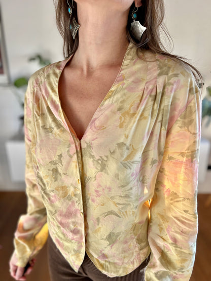 1970's vintage pink and green watercolour effect floral blouse