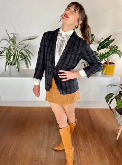 1970's black and blue tailored wool plaid blazer