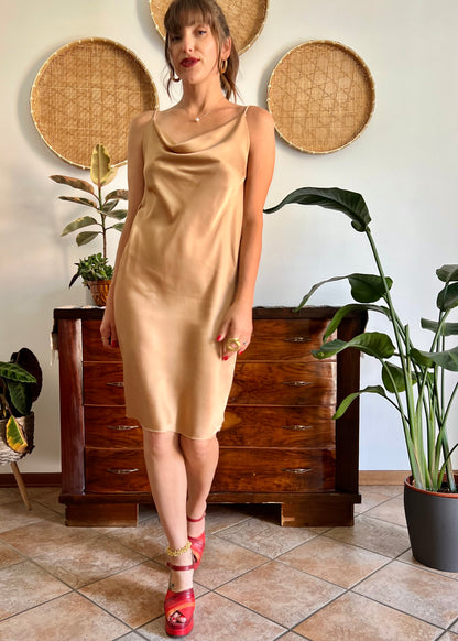 1990's vintage tan satin slip midi dress with cowl neck