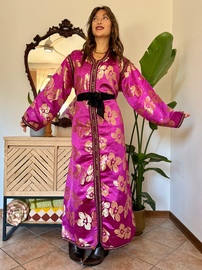1970’s vintage fuchsia and gold floral weave brocade satin maxi dress