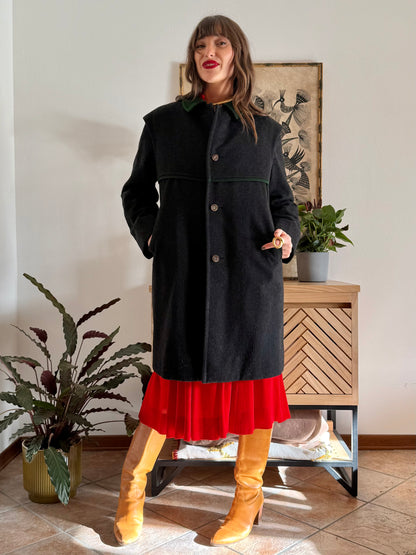 1950's vintage charcoal grey tyrol coat with green trimming and red and green plaid wool lining