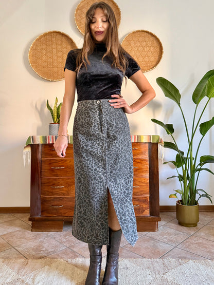 1970’s vintage dark grey animal print denim midi skirt