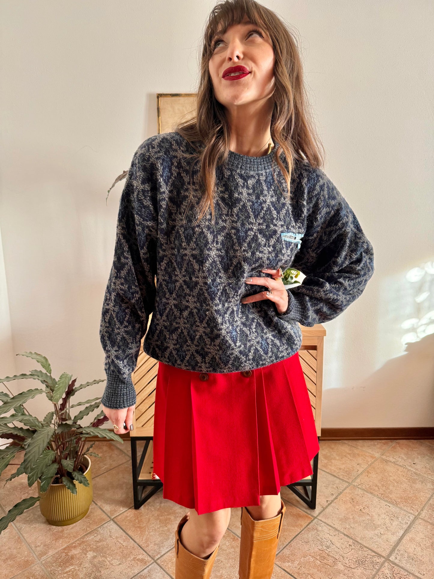 1970's grey wool pullover with blue geometric knit pattern and pocket detail