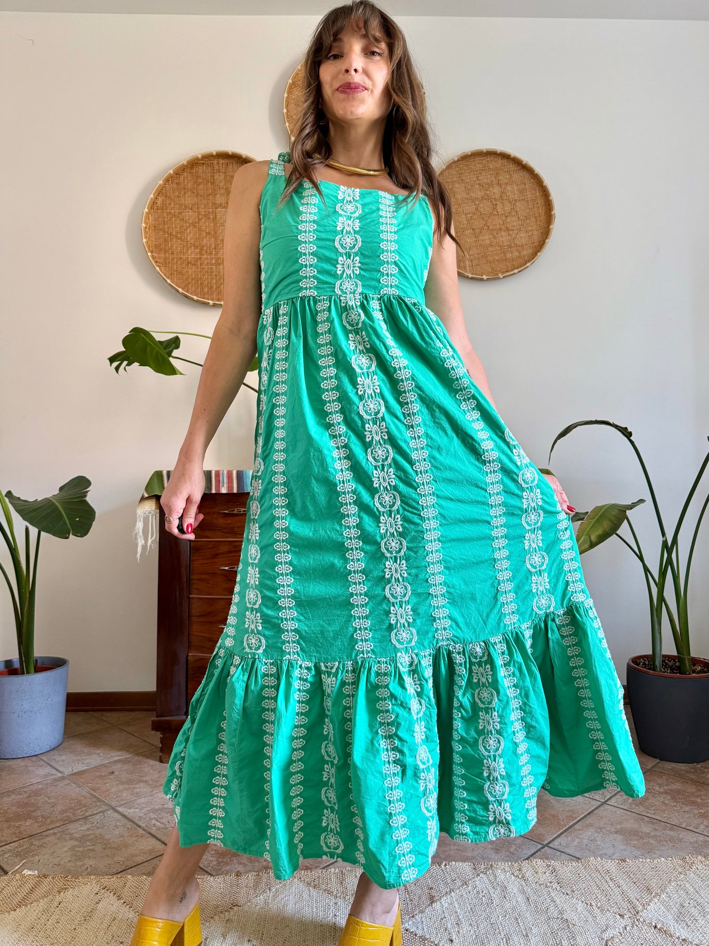 Y2K vintage green prairie maxi dress with white floral embroidery