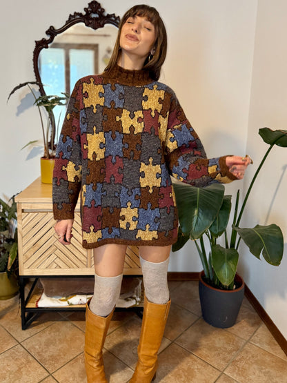 1970's vintage chocolate brown, yellow, blue and burgundy puzzle pattern knit wool pullover