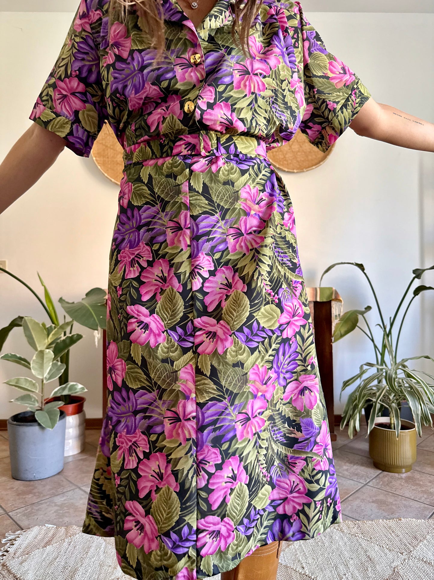 1960’s vintage, pink purple and green floral midi dress with matching belt