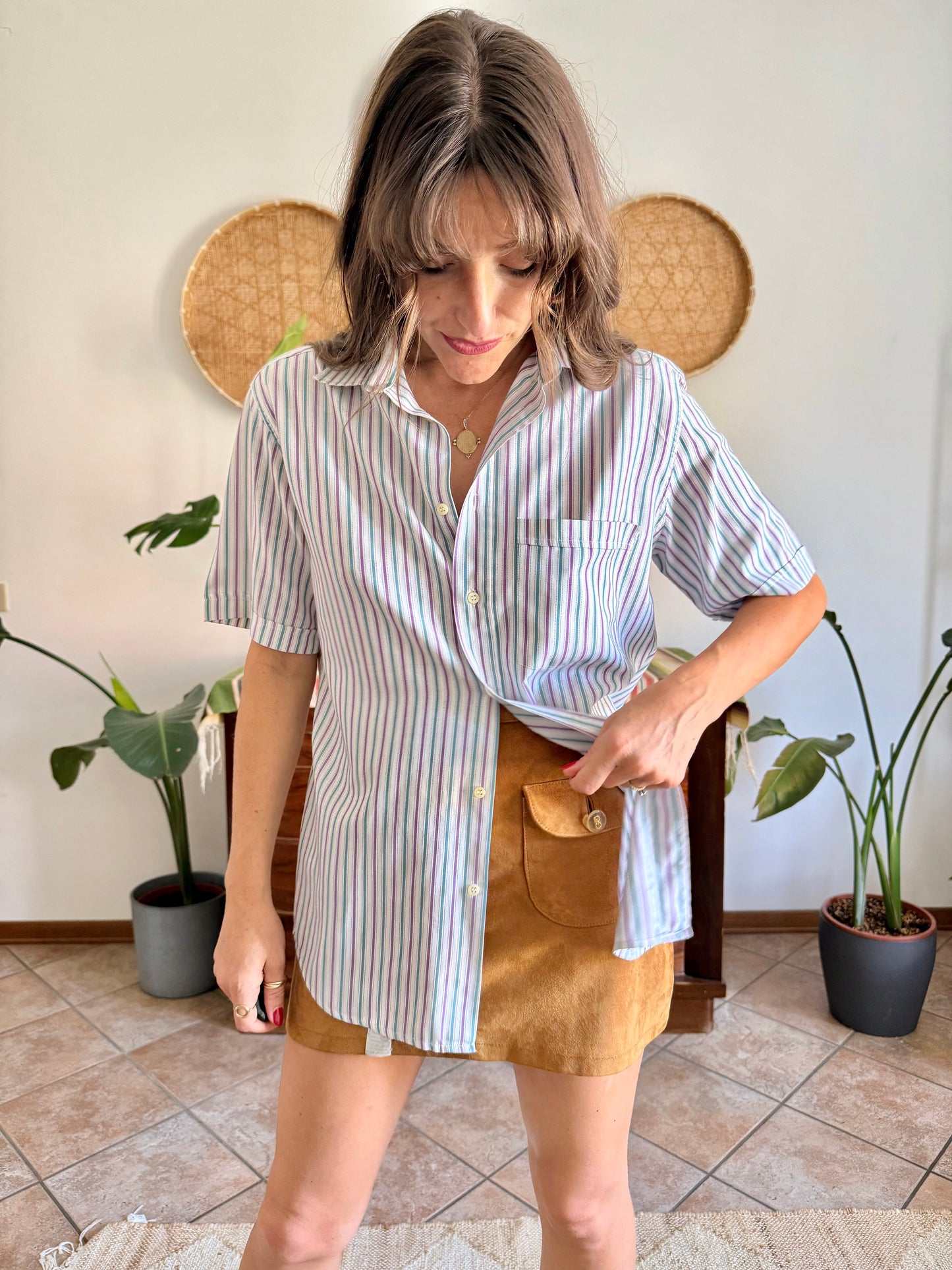 1970’s vintage lavender, turquoise and cream vertical stripe shirt