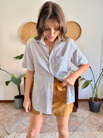 1970’s vintage lavender, turquoise and cream vertical stripe shirt