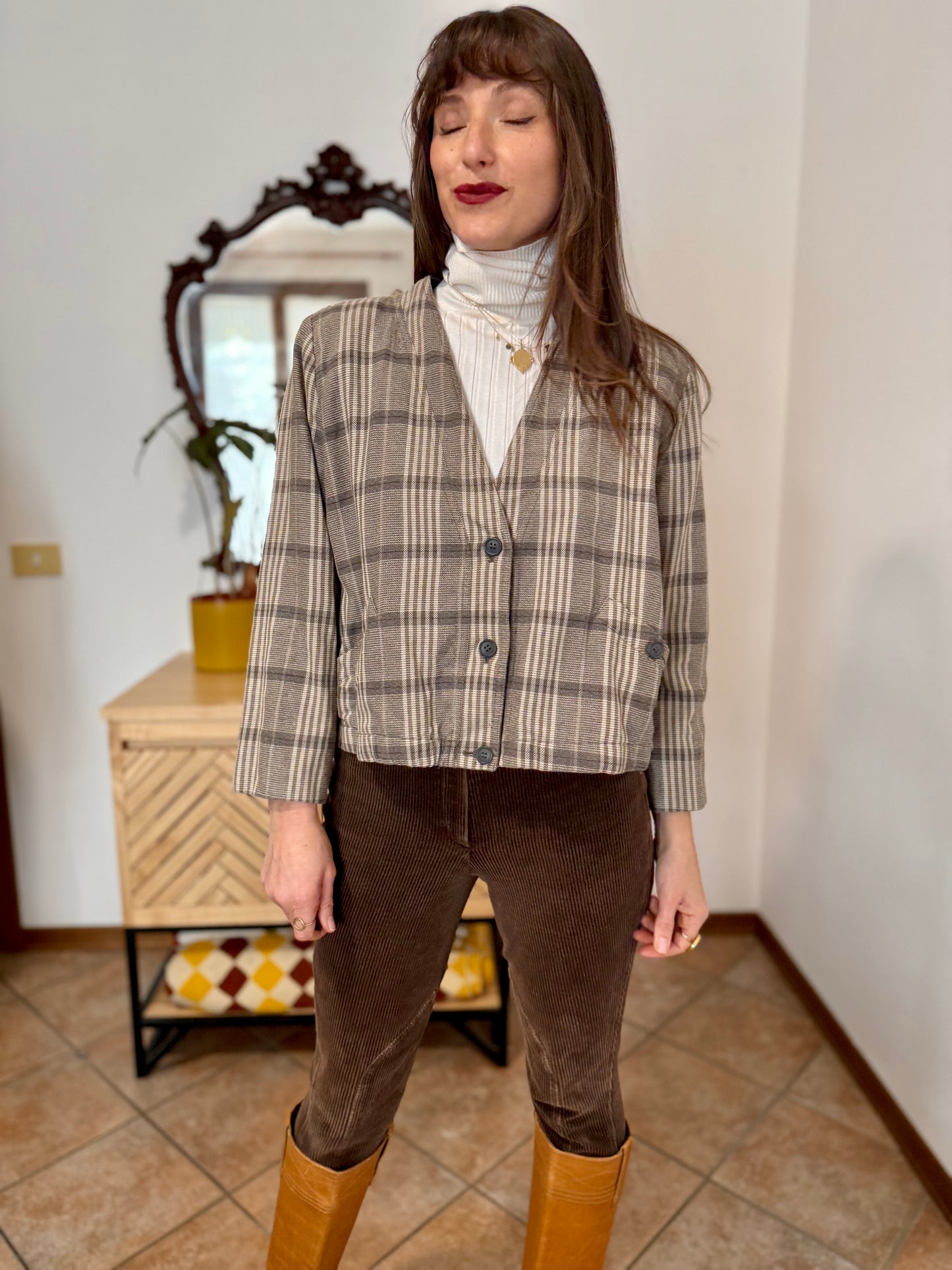 1970's vintage brown and cream plaid cropped blazer