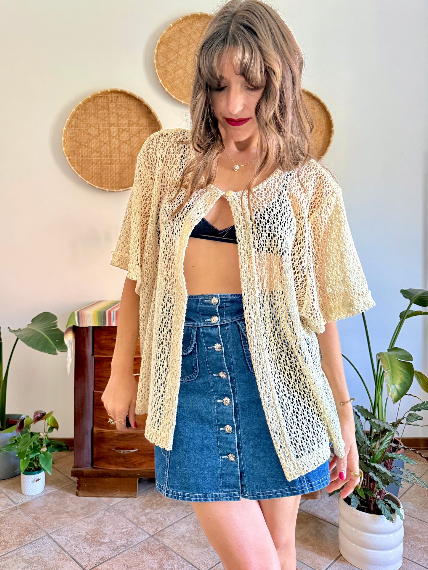 1970’s vintage oversize cream crocheted blouse