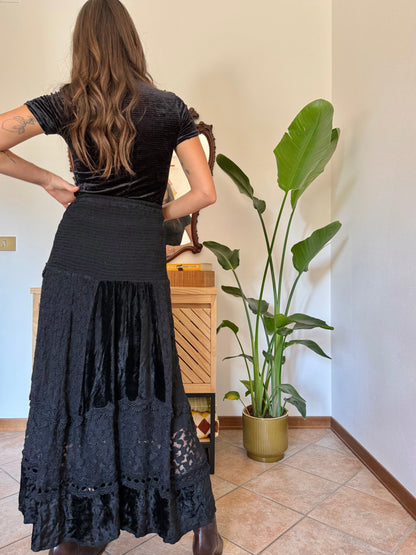 1990’s vintage black lace, crochet and velvet patchwork maxi skirt