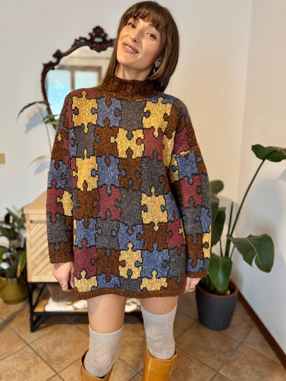 1970's vintage chocolate brown, yellow, blue and burgundy puzzle pattern knit wool pullover