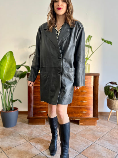 1980's vintage oversize black leather jacket with asymmetrical buttons