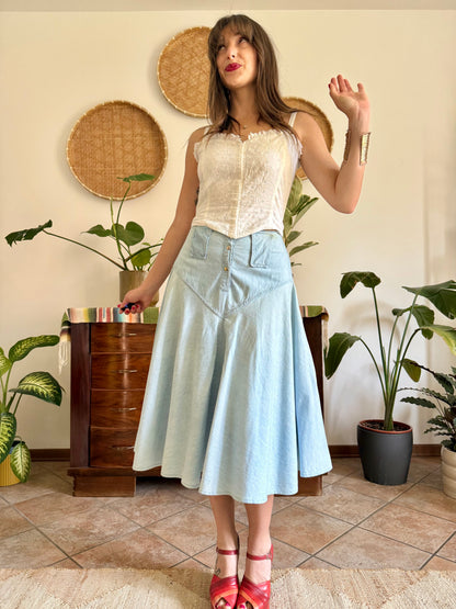 1970’s vintage light wash denim midi skirt