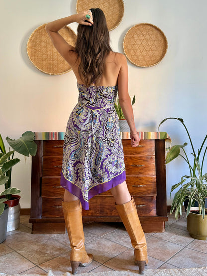 Y2k vintage purple and yellow floral silk halter top midi dress