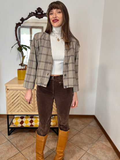 1970's vintage brown and cream plaid cropped blazer