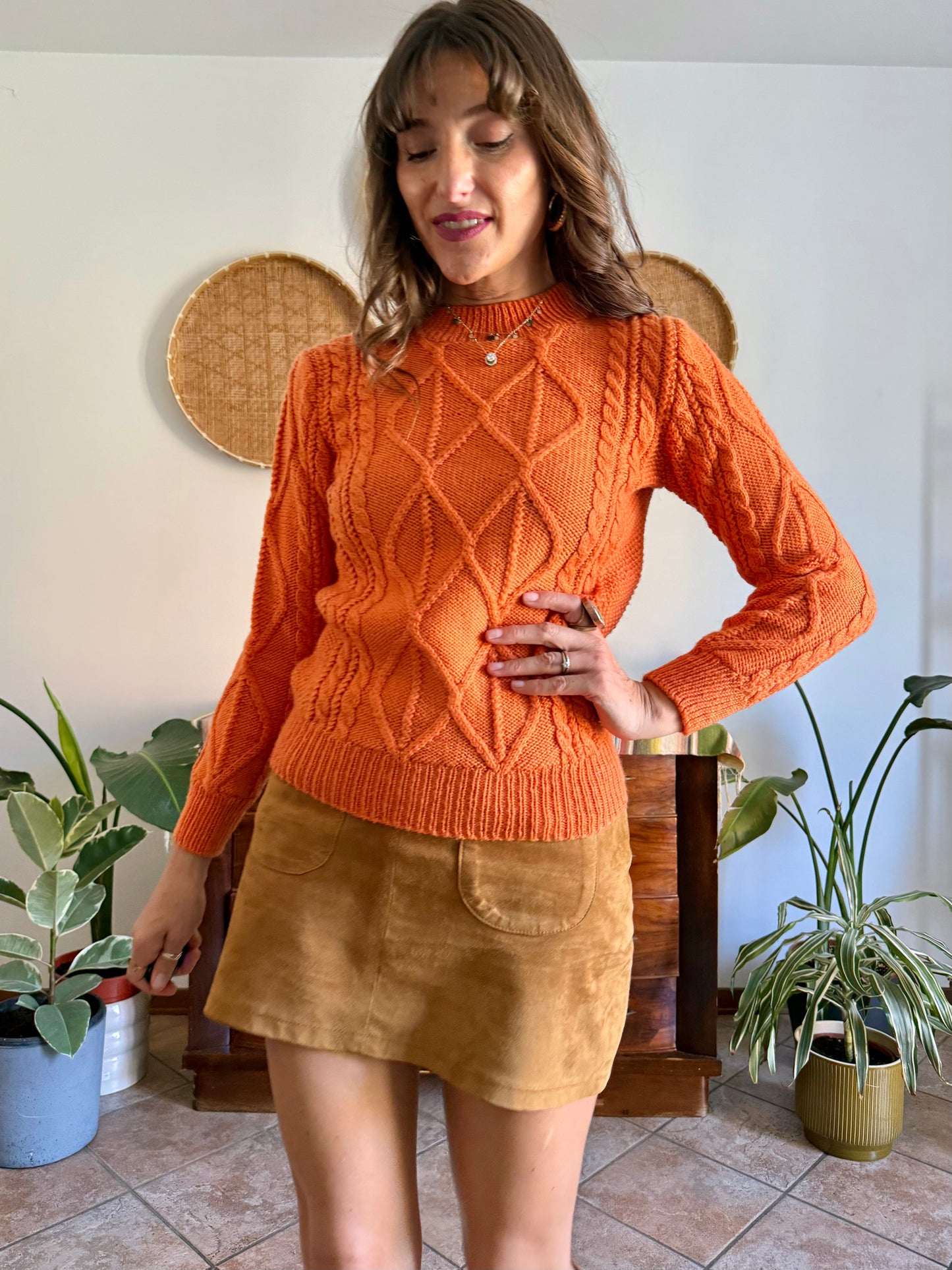1970's vintage orange wool mock neck cable knit pullover