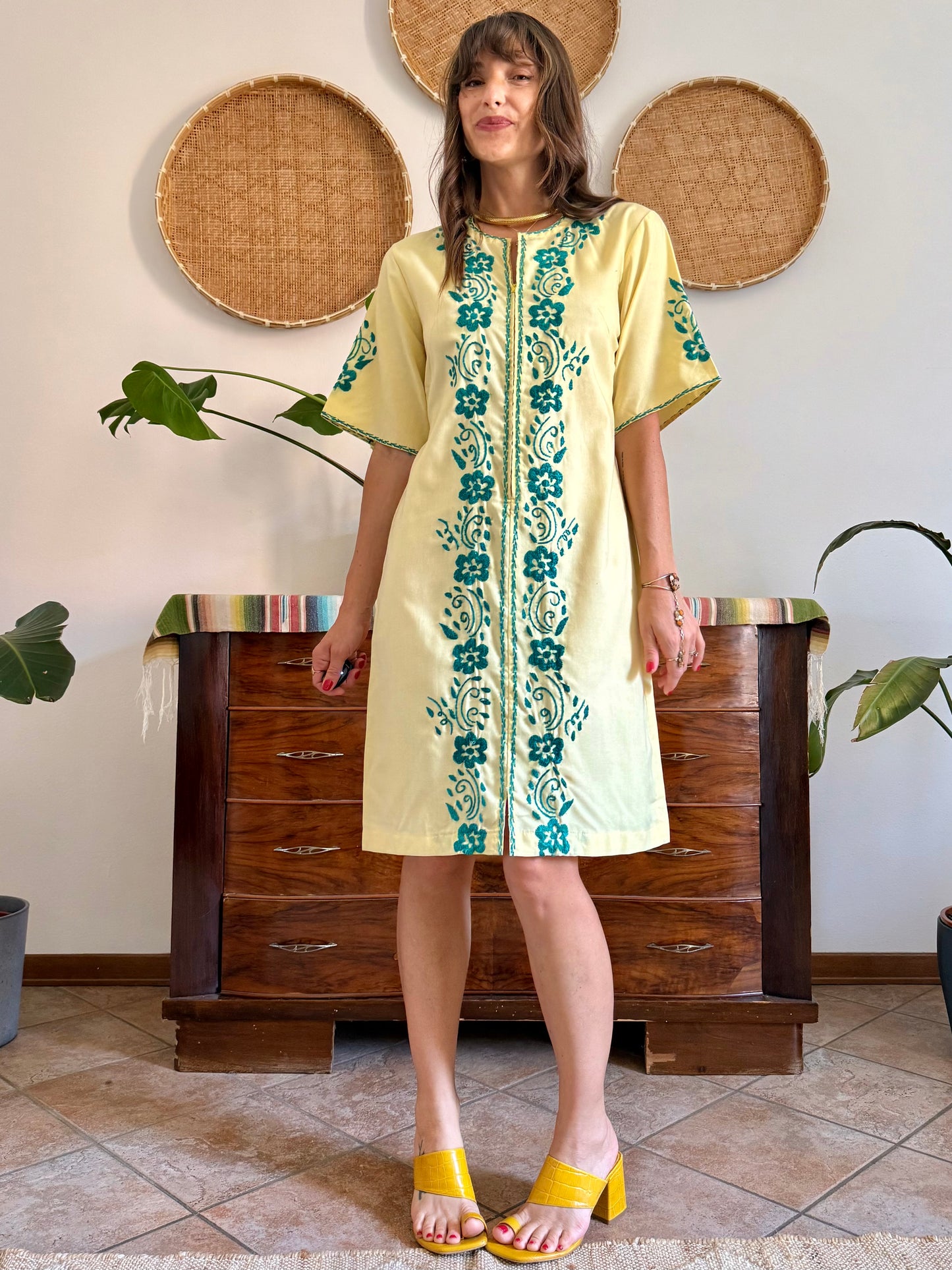 1970's vintage butter yellow cotton midi dress with green floral embroidery