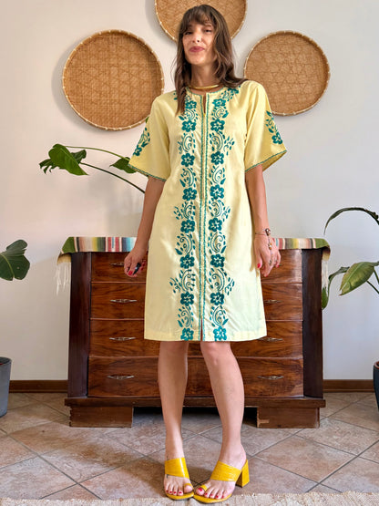 1970's vintage butter yellow cotton midi dress with green floral embroidery