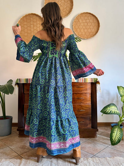 1970’s vintage green, blue and pink silk floral prairie maxi dress with bell sleeves
